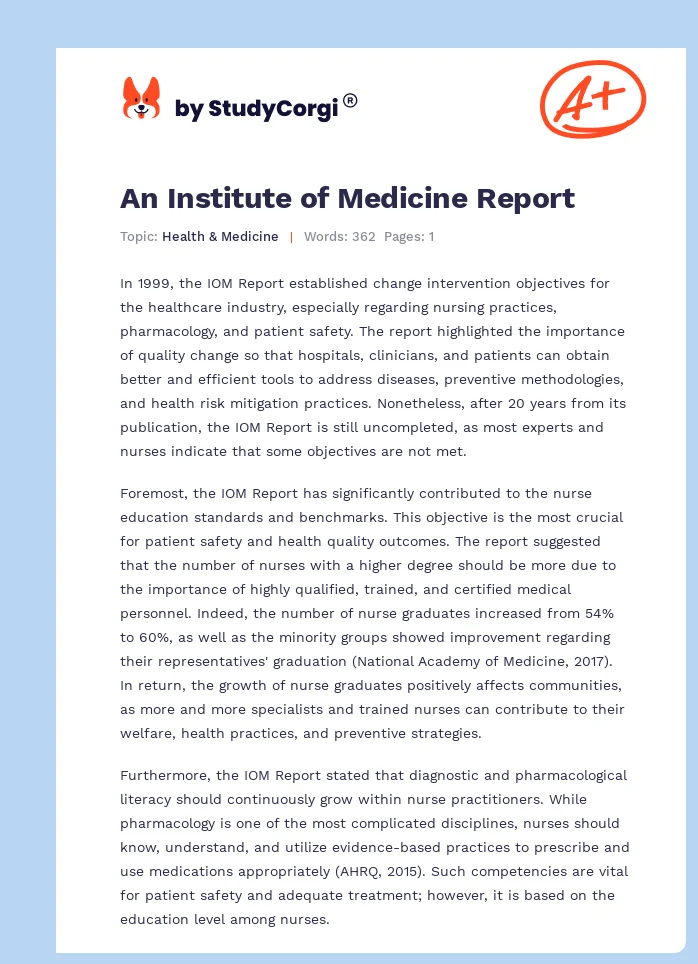 An Institute of Medicine Report. Page 1