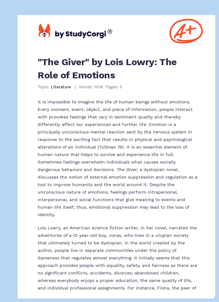 "The Giver" by Lois Lowry: The Role of Emotions. Page 1