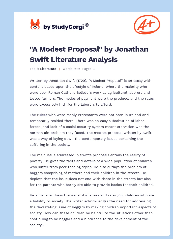 "A Modest Proposal" by Jonathan Swift Literature Analysis. Page 1