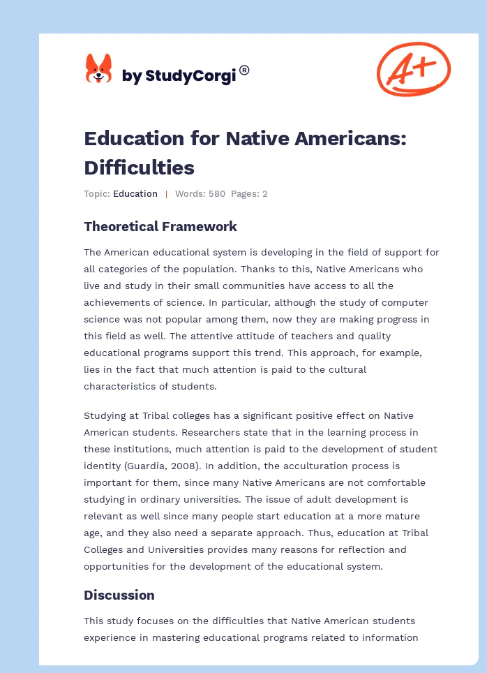 Education for Native Americans: Difficulties. Page 1
