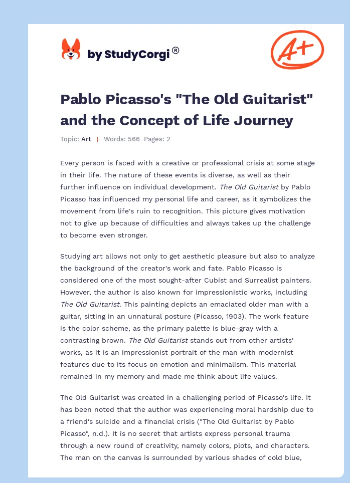Pablo Picasso's "The Old Guitarist" and the Concept of Life Journey. Page 1