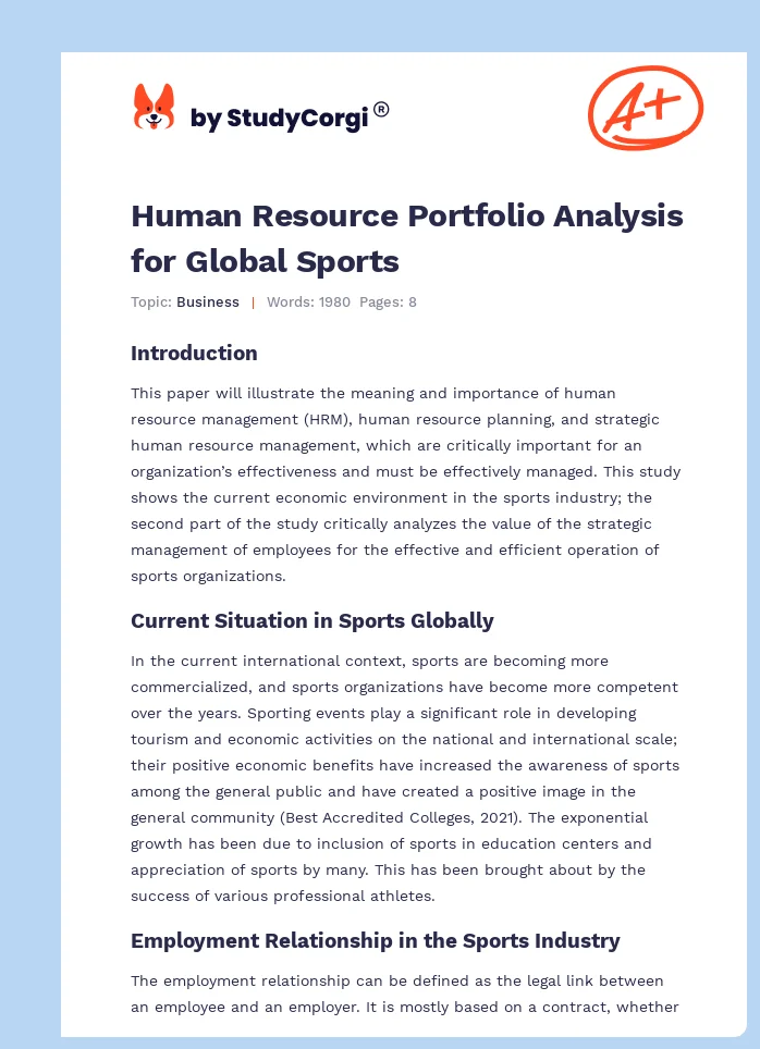 Human Resource Portfolio Analysis for Global Sports. Page 1