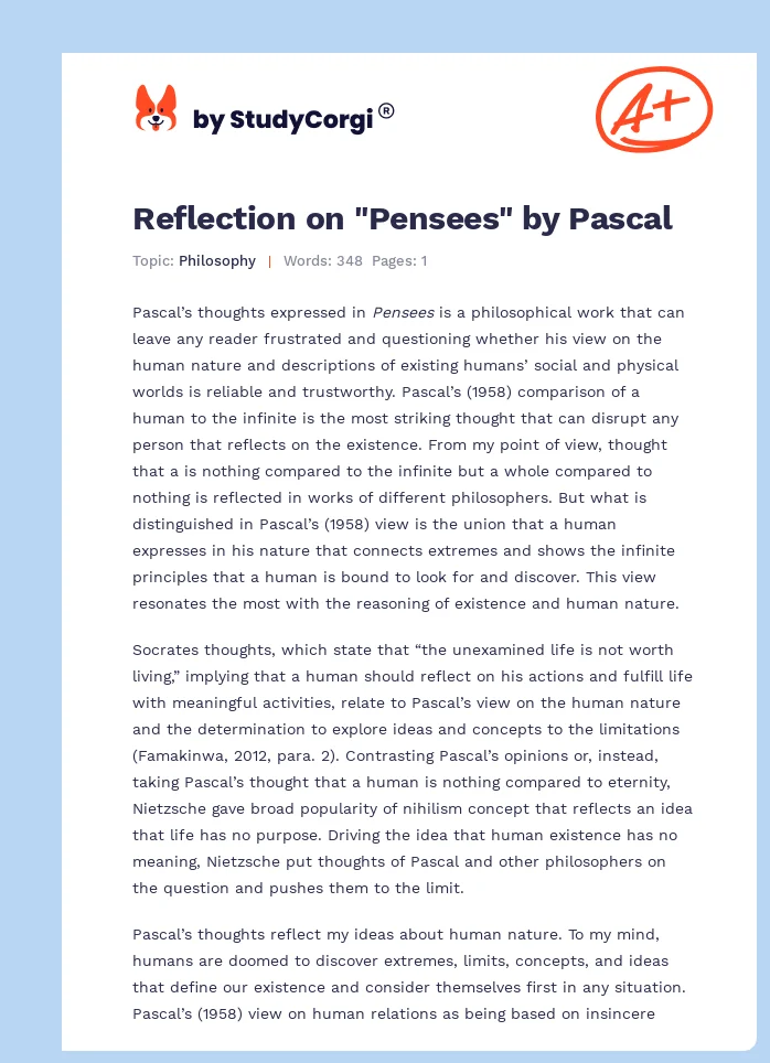 Reflection on "Pensees" by Pascal. Page 1