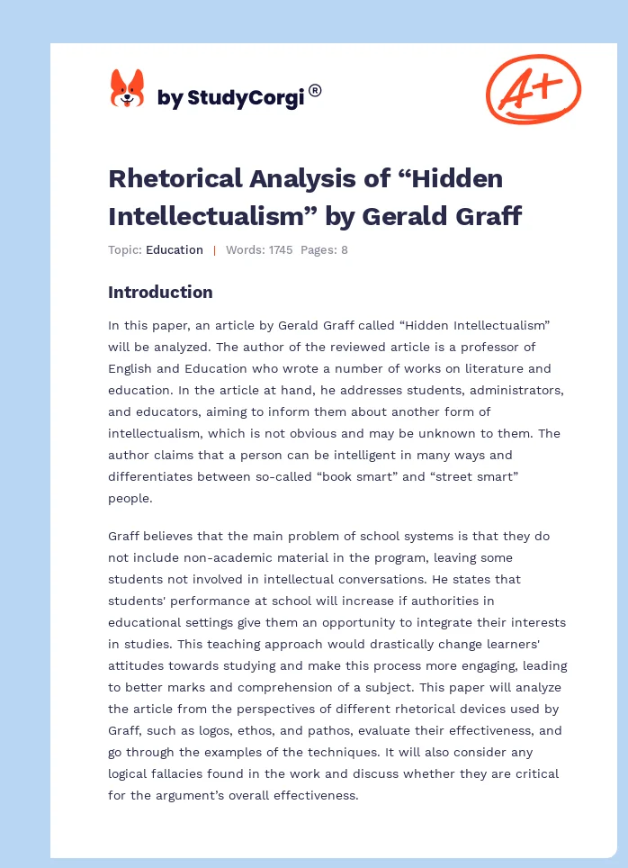Rhetorical Analysis of “Hidden Intellectualism” by Gerald Graff. Page 1