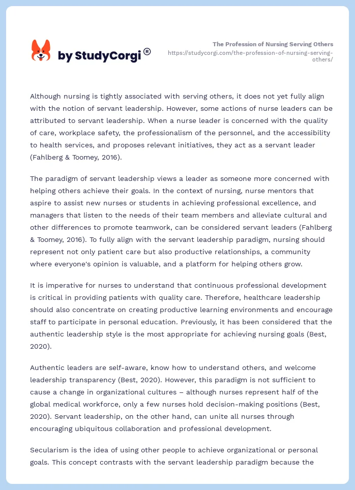 The Profession of Nursing Serving Others. Page 2