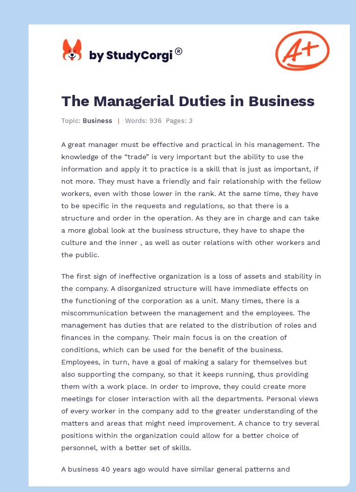 The Managerial Duties in Business. Page 1