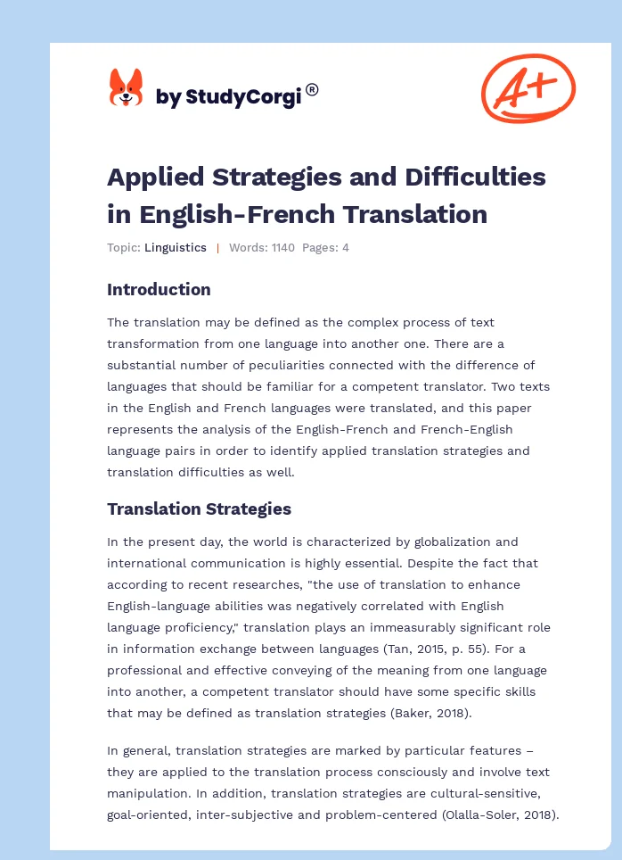 Applied Strategies and Difficulties in English-French Translation. Page 1
