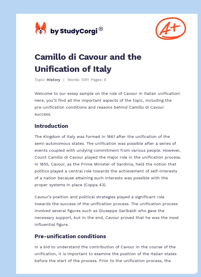 Camillo di Cavour and the Unification of Italy. Page 1