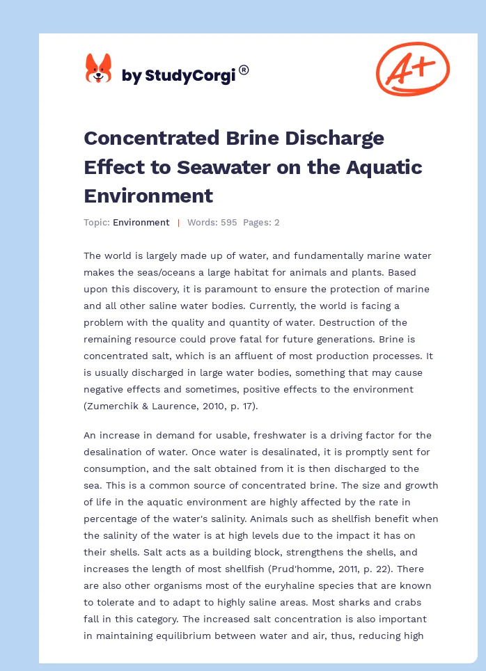 Concentrated Brine Discharge Effect to Seawater on the Aquatic Environment. Page 1