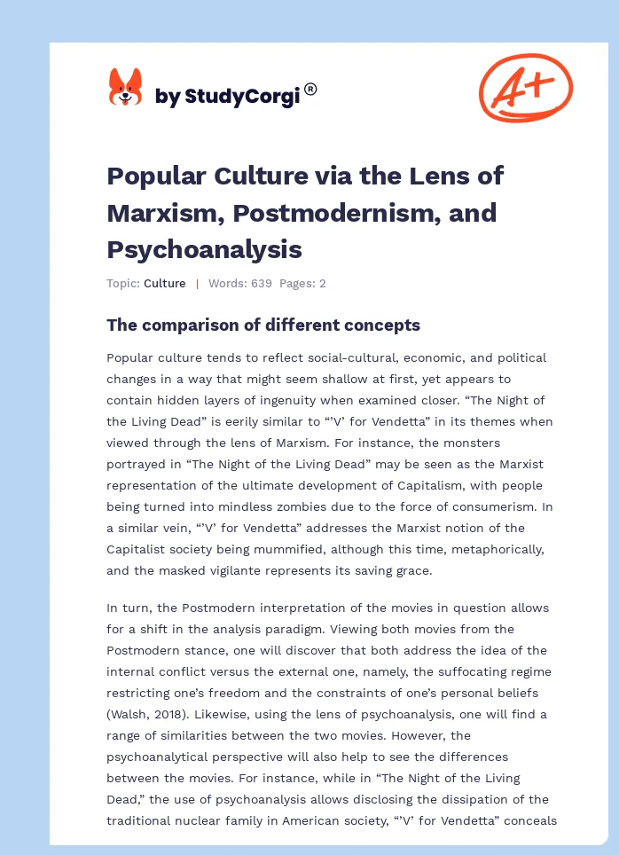 Popular Culture via the Lens of Marxism, Postmodernism, and Psychoanalysis. Page 1