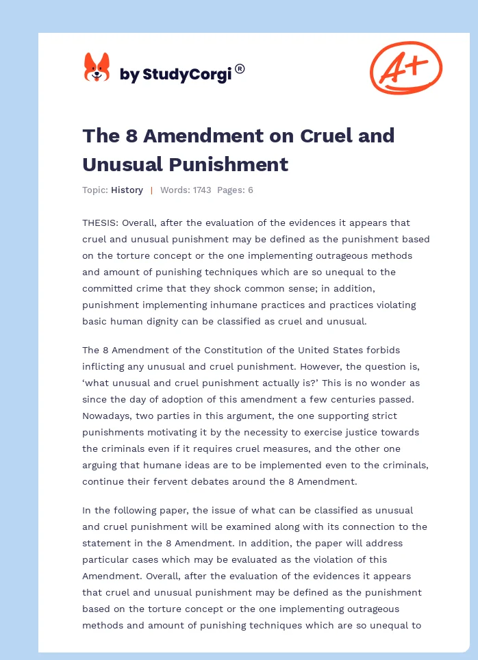 The 8 Amendment on Cruel and Unusual Punishment. Page 1