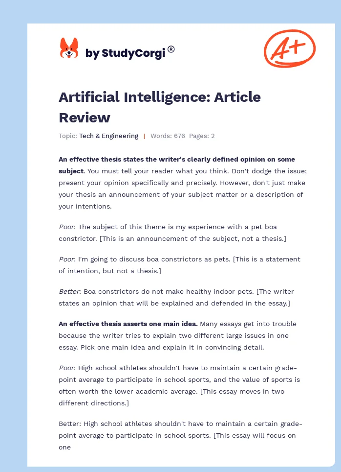 Artificial Intelligence: Article Review. Page 1
