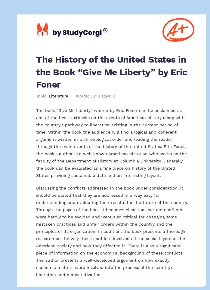 The History of the United States in the Book “Give Me Liberty” by Eric Foner. Page 1