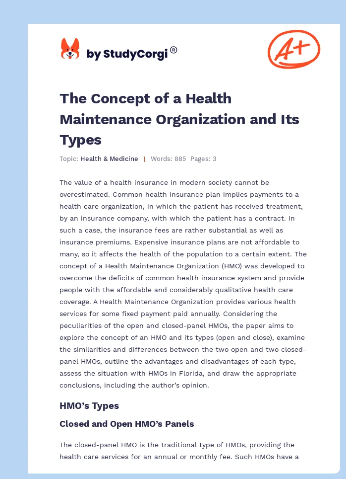 The Concept of a Health Maintenance Organization and Its Types. Page 1