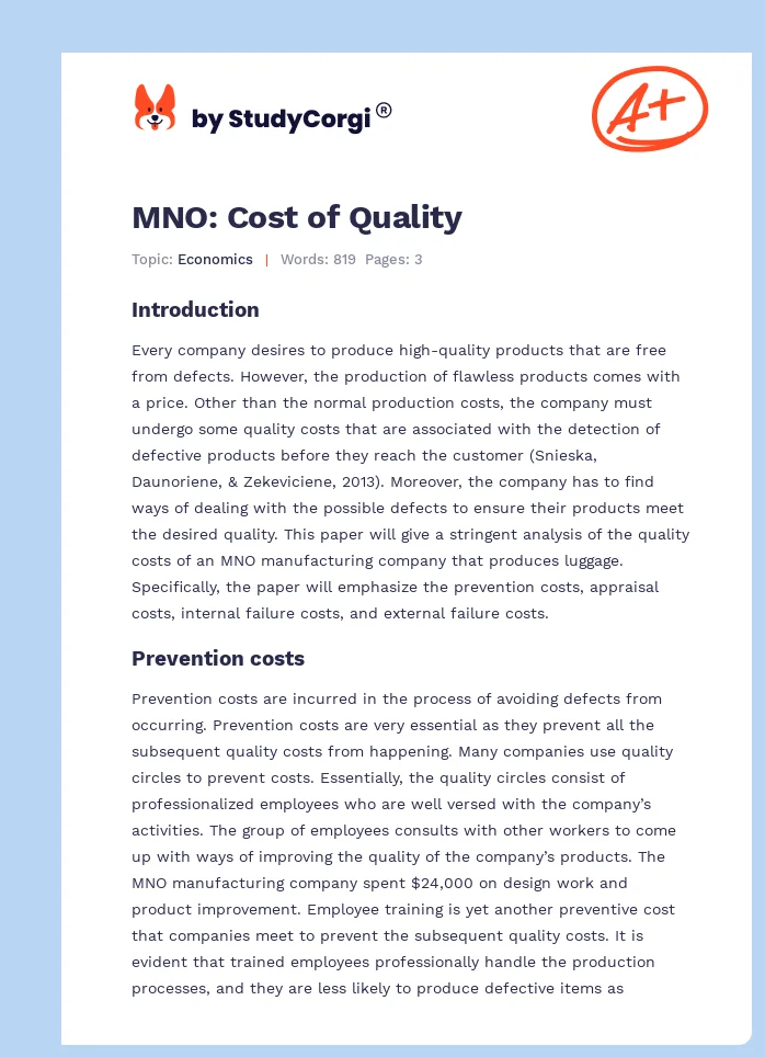 MNO: Cost of Quality. Page 1