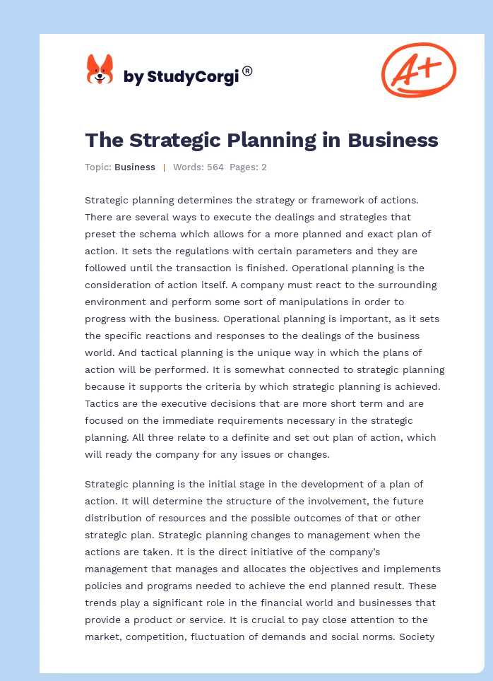The Strategic Planning in Business. Page 1