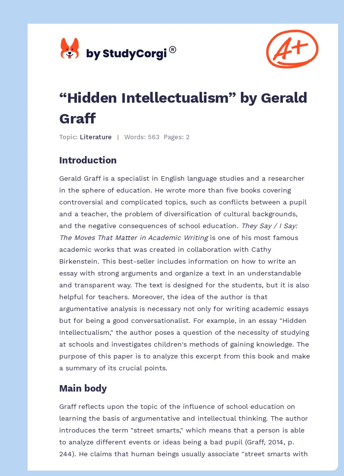 “Hidden Intellectualism” by Gerald Graff. Page 1