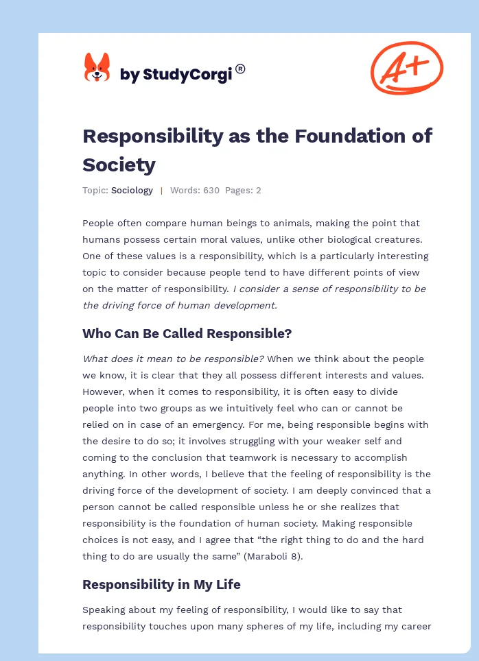 Responsibility as the Foundation of Society. Page 1