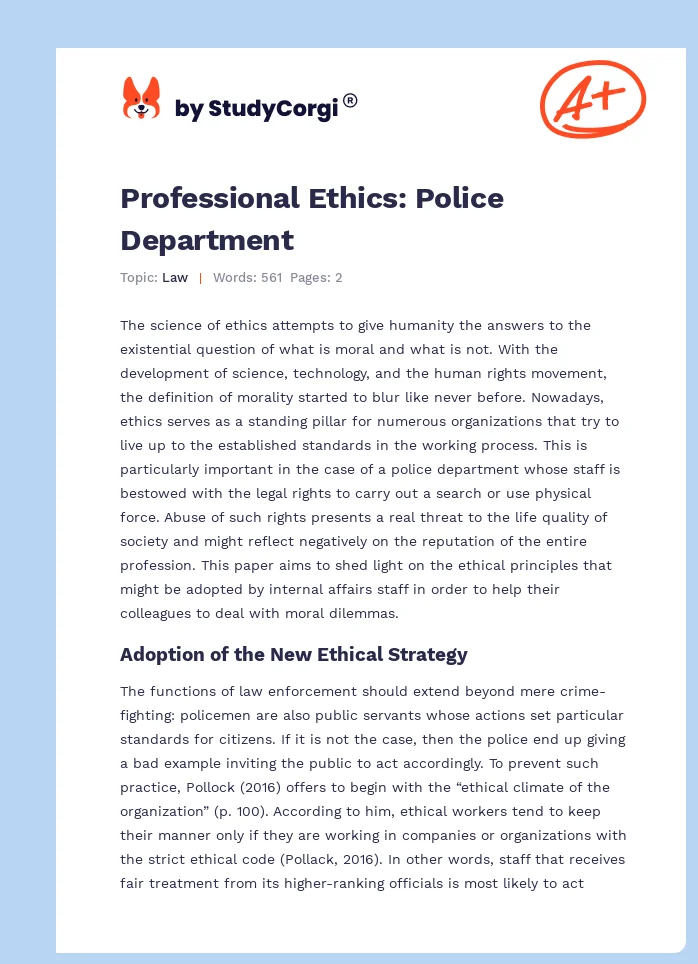 Professional Ethics: Police Department. Page 1