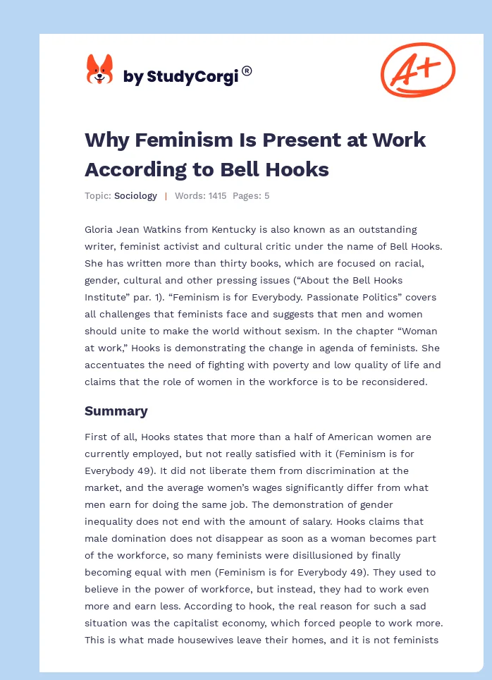 Why Feminism Is Present at Work According to Bell Hooks. Page 1