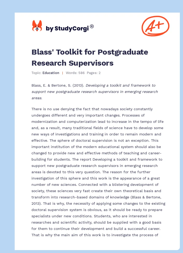 Blass' Toolkit for Postgraduate Research Supervisors. Page 1