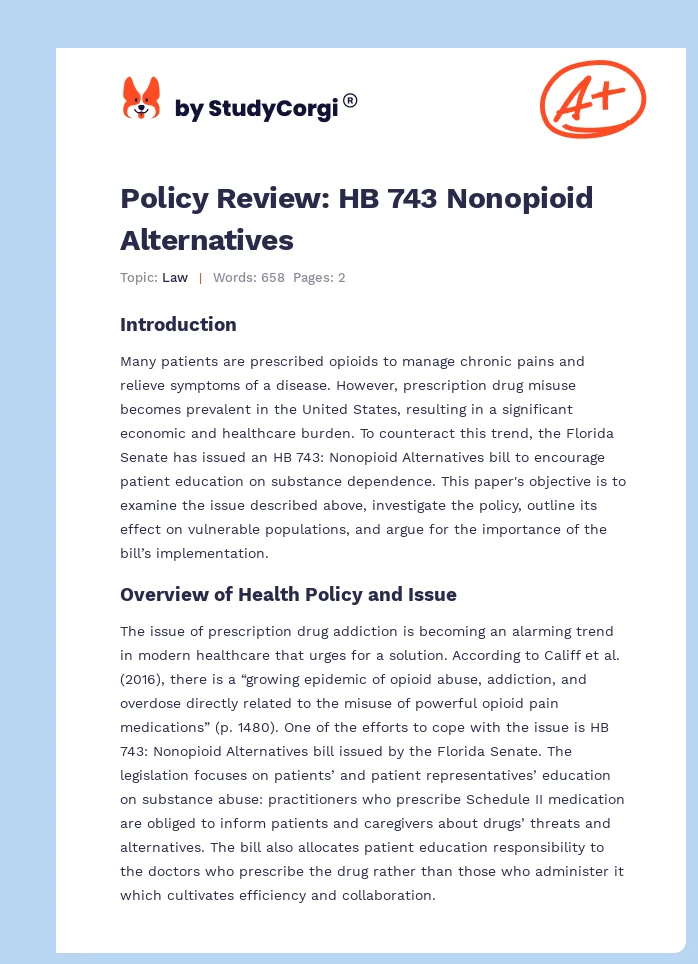 Policy Review: HB 743 Nonopioid Alternatives. Page 1