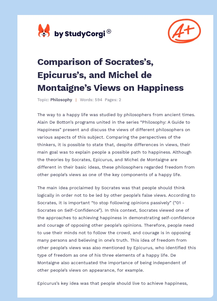 Comparison of Socrates’s, Epicurus’s, and Michel de Montaigne’s Views on Happiness. Page 1