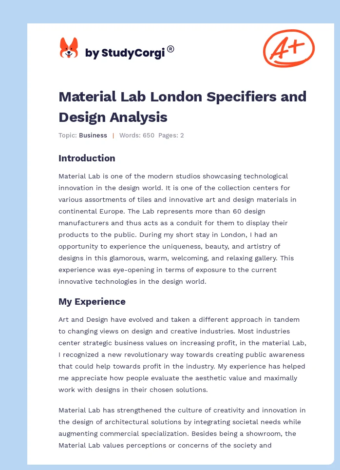 Material Lab London Specifiers and Design Analysis. Page 1