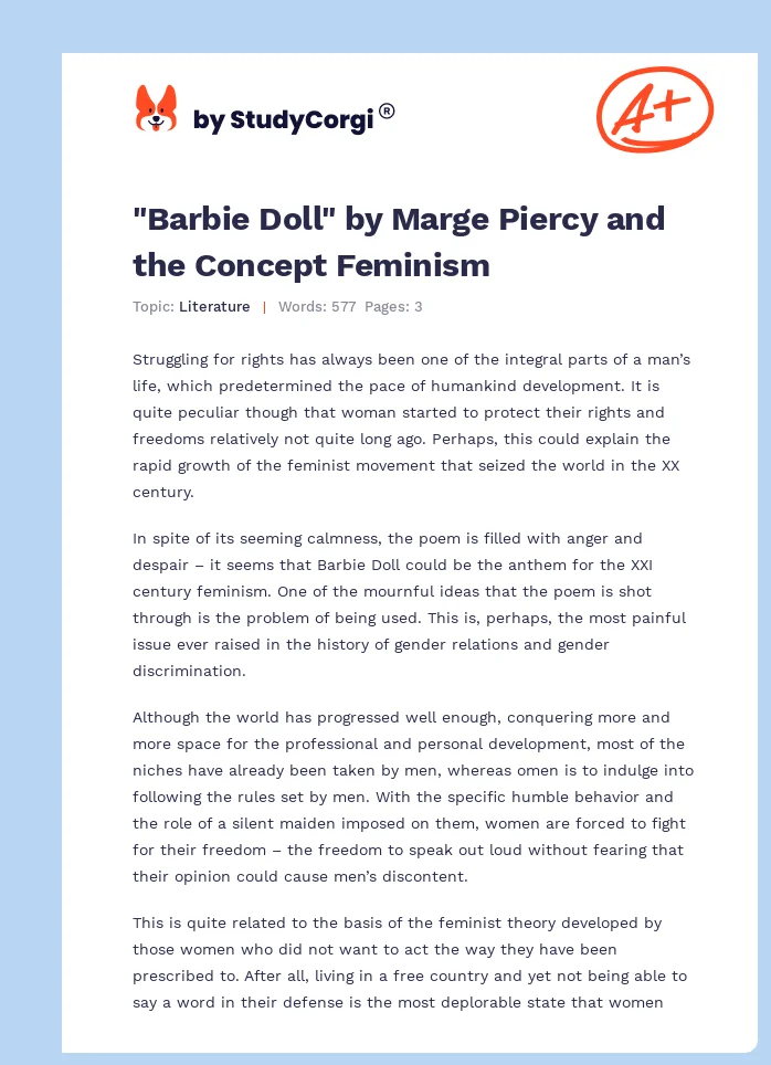 Barbie Doll By Marge Piercy And The Concept Feminism Free Essay Example