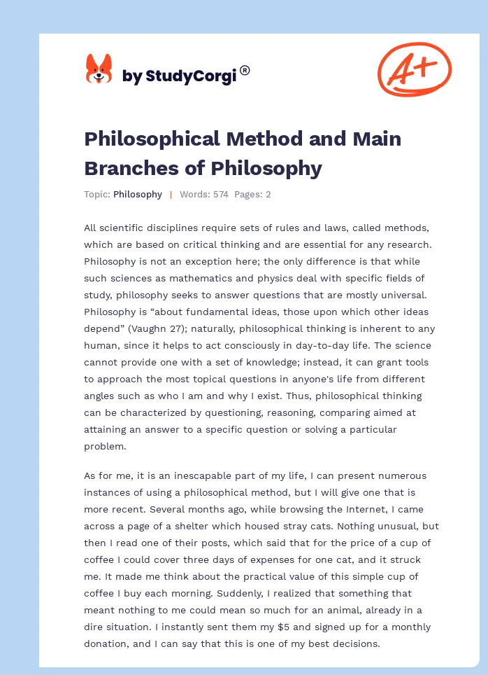 Philosophical Method and Main Branches of Philosophy. Page 1