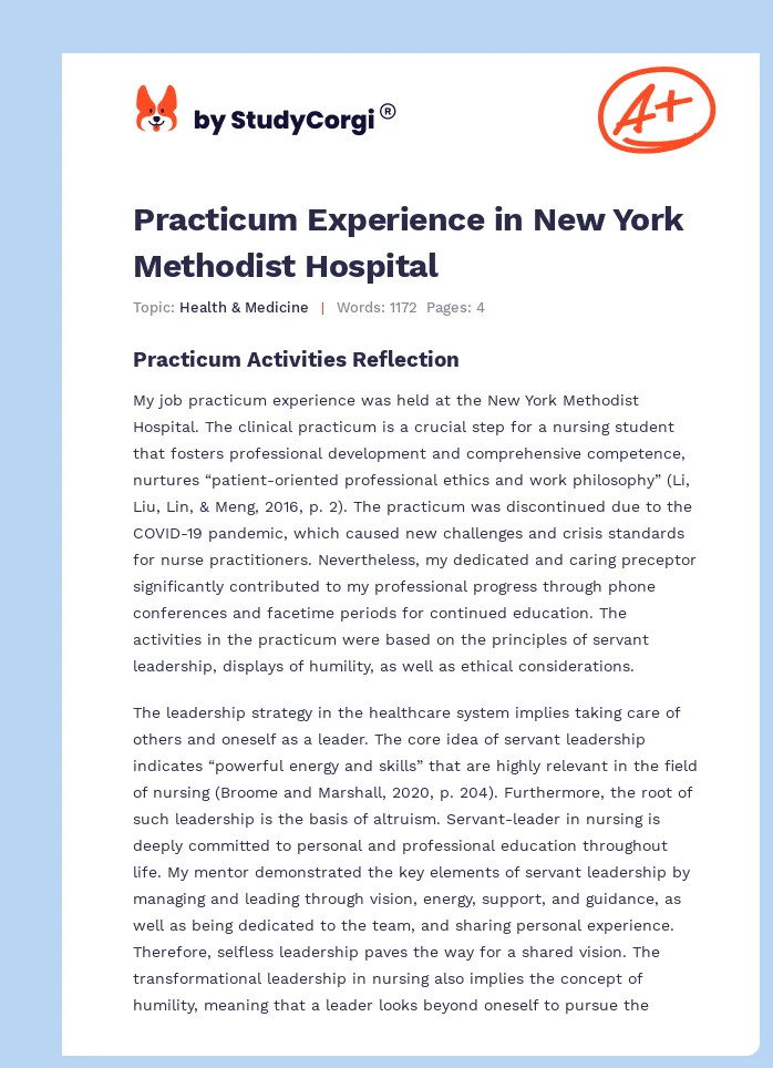 Practicum Experience in New York Methodist Hospital. Page 1
