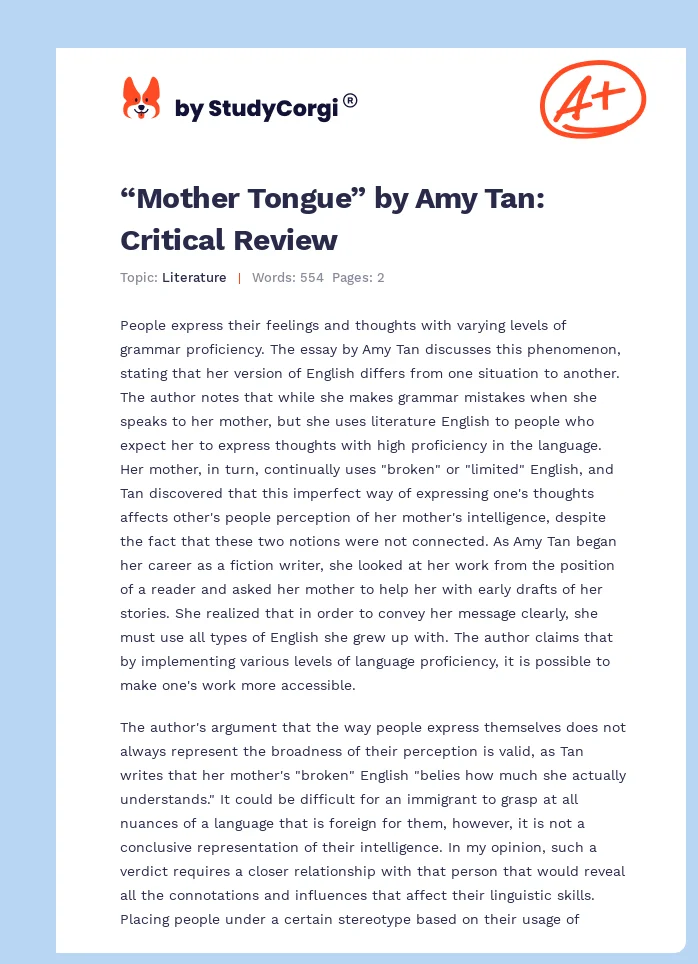 “Mother Tongue” by Amy Tan: Critical Review. Page 1