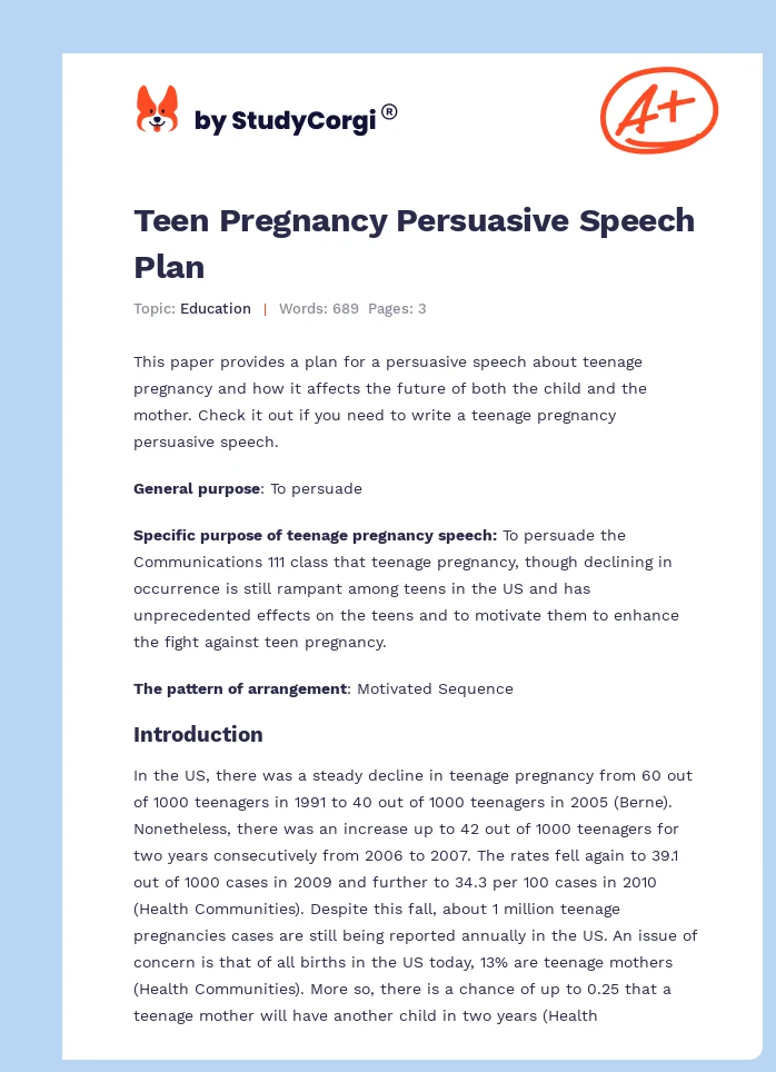 Teen Pregnancy Persuasive Speech Plan. Page 1