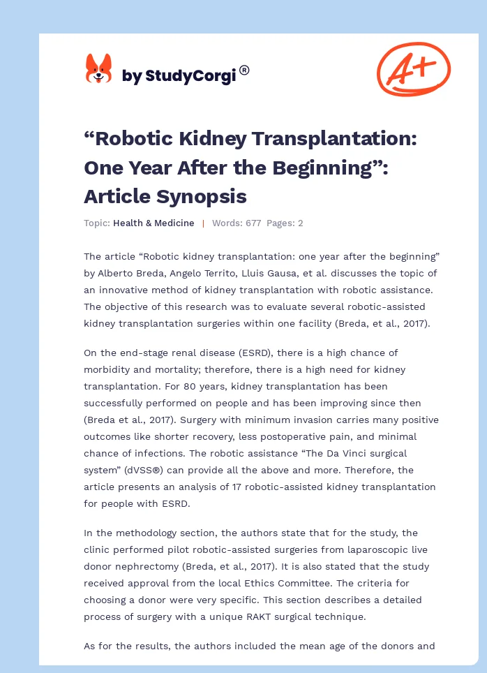 “Robotic Kidney Transplantation: One Year After the Beginning”: Article Synopsis. Page 1