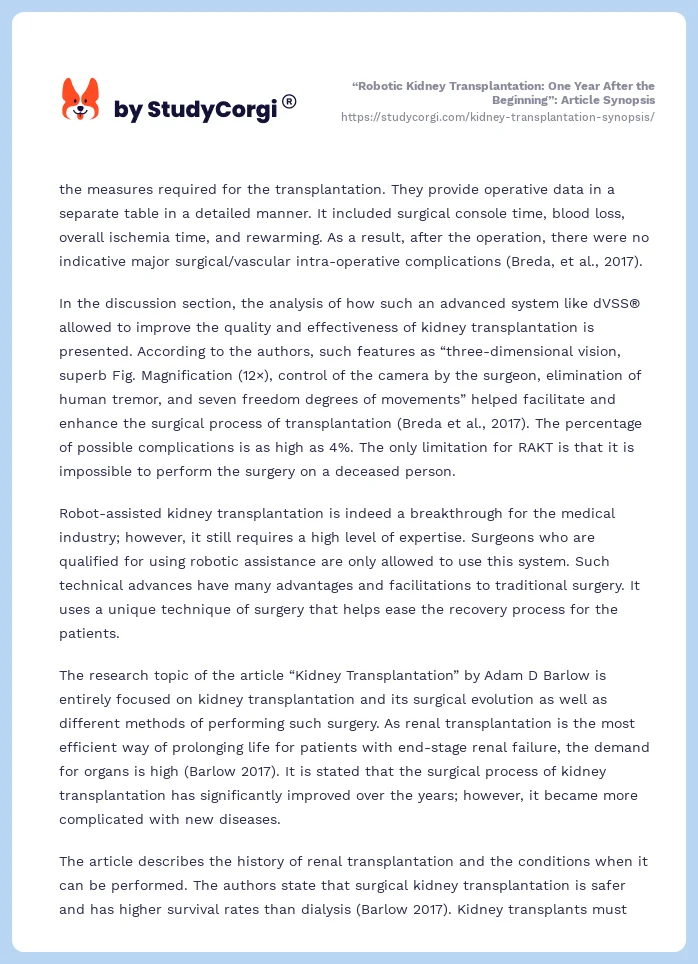 “Robotic Kidney Transplantation: One Year After the Beginning”: Article Synopsis. Page 2