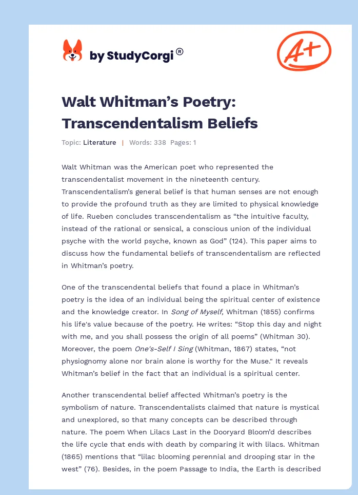 Walt Whitman’s Poetry: Transcendentalism Beliefs. Page 1
