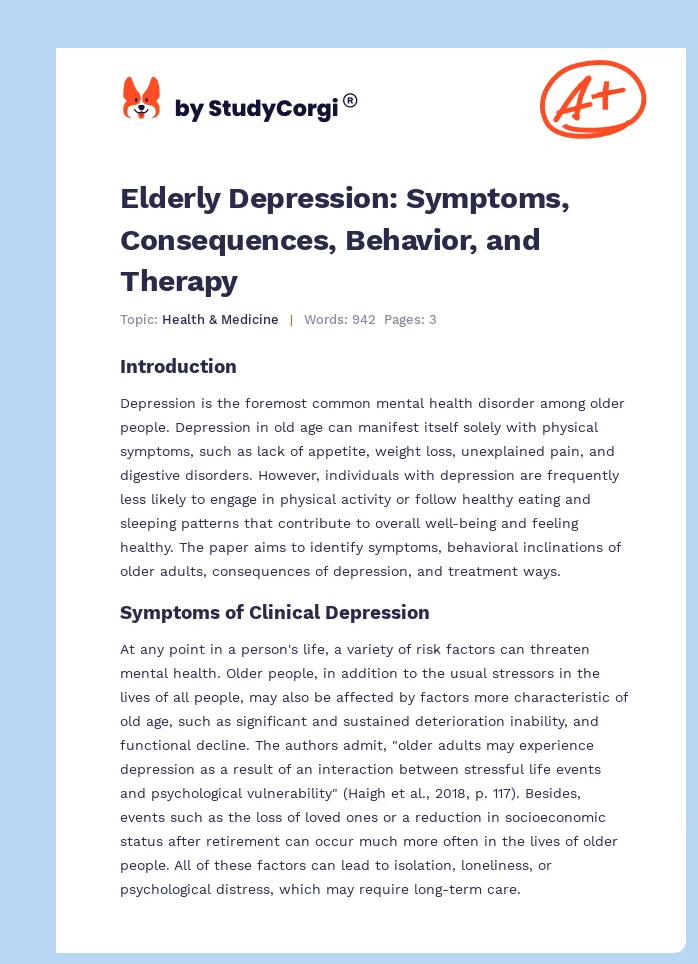 Elderly Depression: Symptoms, Consequences, Behavior, and Therapy. Page 1