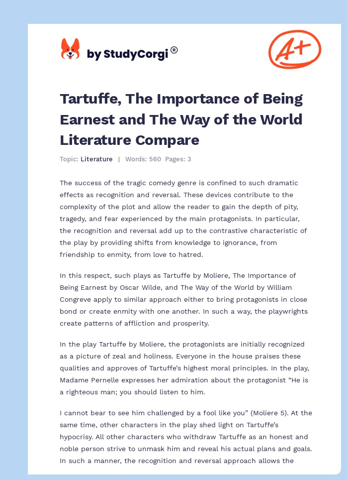 Tartuffe, The Importance of Being Earnest and The Way of the World Literature Compare. Page 1