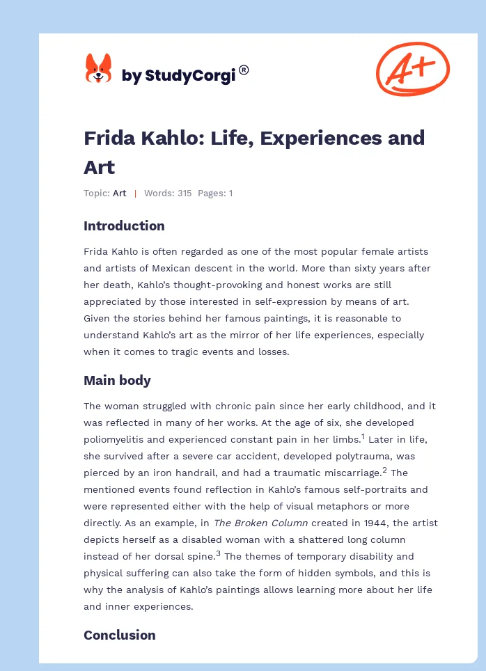 Frida Kahlo: Life, Experiences and Art. Page 1