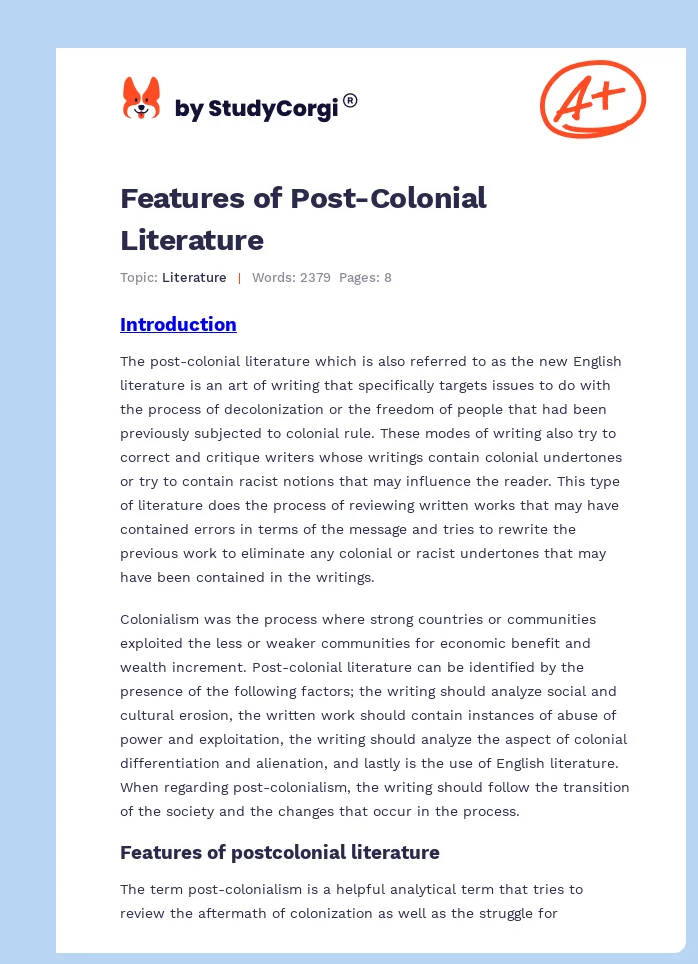 Features of Post-Colonial Literature. Page 1