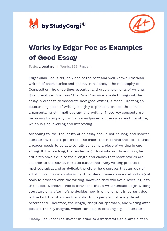 Works by Edgar Poe as Examples of Good Essay. Page 1