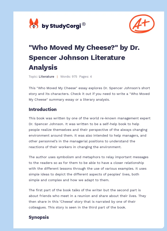"Who Moved My Cheese?" by Dr. Spencer Johnson Literature Analysis. Page 1