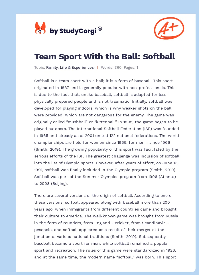 Team Sport With the Ball: Softball. Page 1