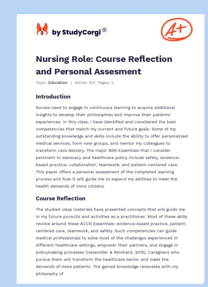 Nursing Role: Course Reflection and Personal Assesment. Page 1