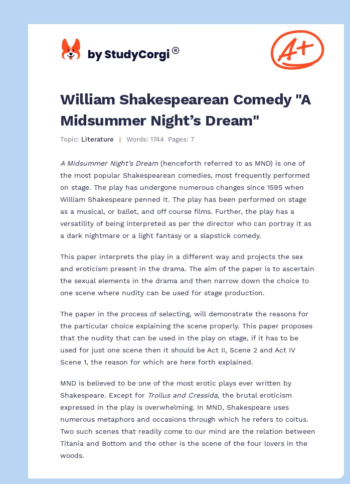 William Shakespearean Comedy "A Midsummer Night’s Dream". Page 1