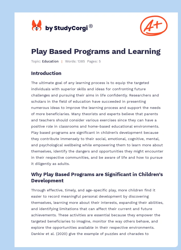 Play Based Programs and Learning. Page 1
