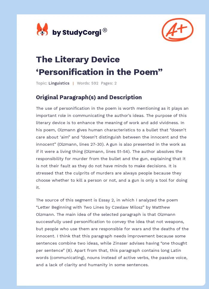 The Literary Device ‘Personification in the Poem”. Page 1