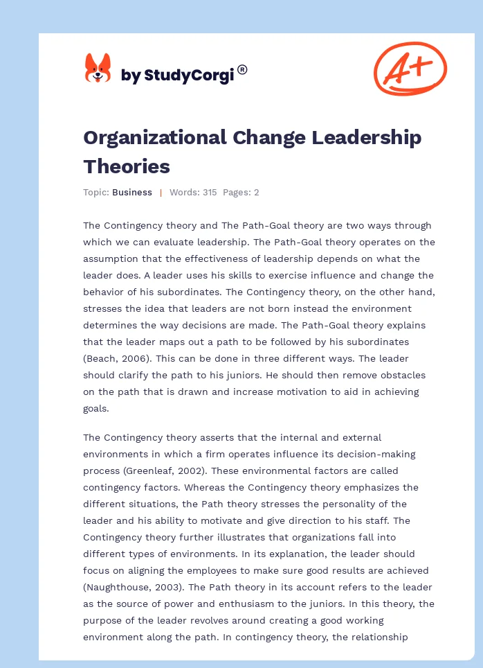 Organizational Change Leadership Theories. Page 1