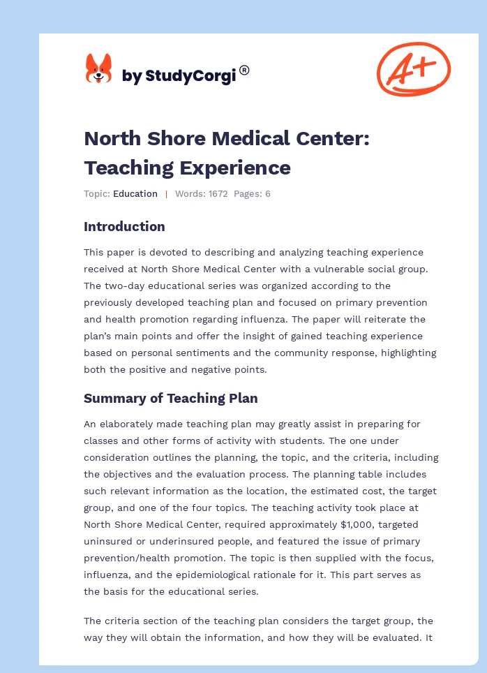 North Shore Medical Center: Teaching Experience. Page 1