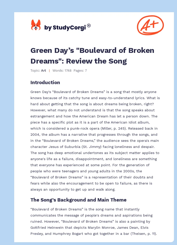 Green Day’s "Boulevard of Broken Dreams": Review the Song. Page 1